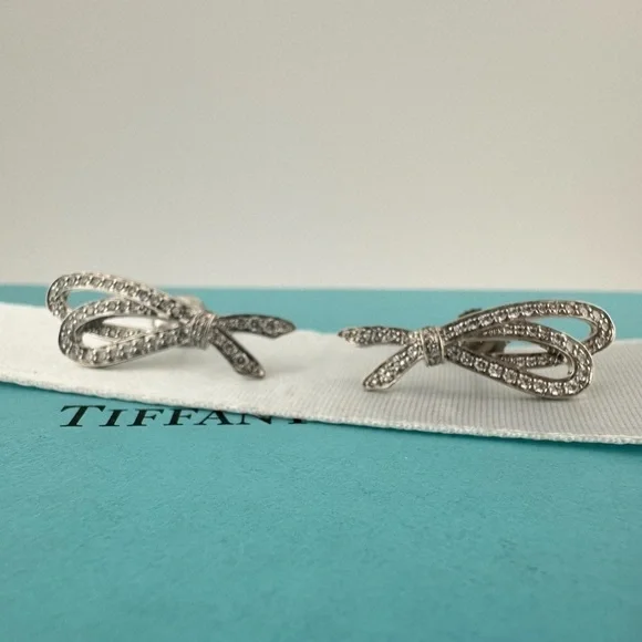 RARE Tiffany & Co. Pave Diamond Bow Earrings 18K White Gold - Picture 8 of 8